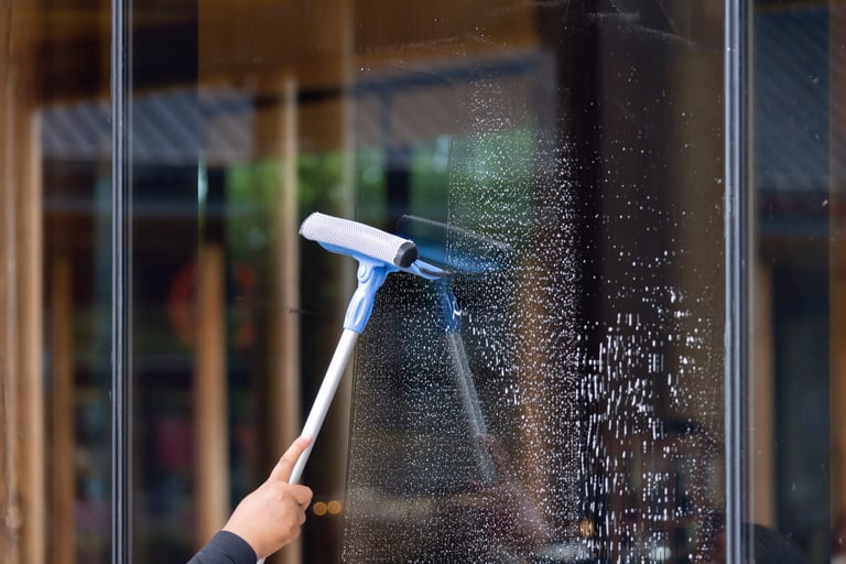 Professional window cleaning with squeegee