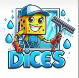 Cartoon yellow sponge character with blue cap holding a squeegee, surrounded by water droplets and the text DICES below