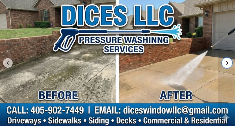 Before and after comparison of driveway pressure washing by Dices LLC, showing dirty vs clean concrete surface with contact information
