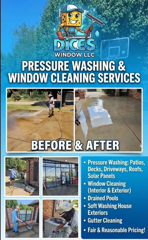 DICES Window LLC advertisement showing pressure washing and window cleaning services with before/after photos and service list
